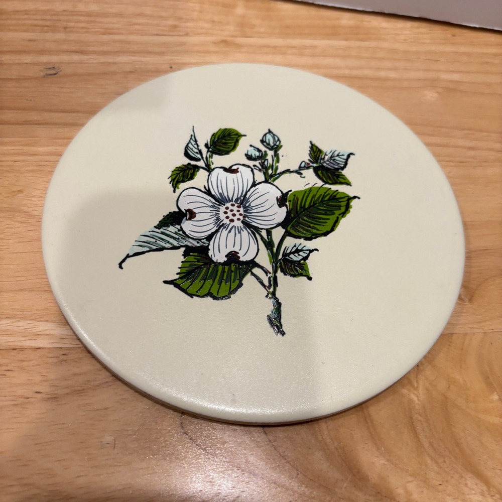 Vintage Ceramic Dogwood Flower Trivet Round Hot Plate Cork Back 6 Inch